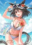  1girl ;d ahoge animal_ears bag bikini black_hair blue_sky breasts cloud day eyewear_on_head flower hair_between_eyes hair_flower hair_ornament hair_ribbon hand_on_own_thigh heart heart-shaped_eyewear horse_ears horse_girl horse_tail iro_178 jewelry kitasan_black_(umamusume) looking_at_viewer medium_breasts multicolored_hair navel necklace ocean one_eye_closed outdoors red_eyes ribbon short_hair sky smile solo standing star_(symbol) star_necklace streaked_hair sunglasses swimsuit tail thigh_strap twitter_username umamusume wet white_bikini white_hair white_ribbon 