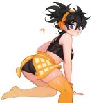  1girl ? ass black_hair blush breasts crop_top genderswap genderswap_(mtf) ginmu headband jojo_no_kimyou_na_bouken large_breasts long_hair looking_back midriff narancia_ghirga ponytail purple_eyes short_shorts shorts shorts_under_skirt skindentation skirt solo tank_top thick_thighs thighhighs thighs underboob vento_aureo wristband 