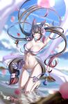  1girl animal_ears arms_up bikini blue_archive breasts brown_eyes brown_hair flower fox_ears fox_tail hair_flower hair_ornament highres large_breasts lazy_guang_guang long_hair looking_at_viewer navel official_alternate_costume reflection sandals solo swimsuit tail tail_flower tail_ornament thigh_strap wakamo_(blue_archive) wakamo_(swimsuit)_(blue_archive) water wet 