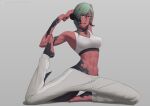  1girl abs arms_behind_head au_ra avatar_(ff14) bangs black_horns breasts colored_skin commission dragon_horns dragon_tail final_fantasy final_fantasy_xiv green_hair grey_background horns medium_breasts medium_hair muscular muscular_female navel pants parted_bangs putcher red_skin scales solo split sports_bra stretched_limb tail track_pants yellow_eyes 