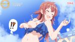  ! !! 1girl accidental_exposure ahoge air_guitar bangs bikini bikini_pull blue_bikini blue_sky breasts closed_eyes clothes_pull cloud collarbone commentary_request day frilled_bikini frills hair_between_eyes hands_up highres idolmaster idolmaster_shiny_colors idolmaster_starlit_season komiya_kaho light_blush long_hair medium_breasts motion_blur navel nipple_slip nipples open_mouth outdoors red_hair sarura sky smile solo spoken_exclamation_mark stage stomach swimsuit thought_bubble translation_request wet 