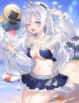  1girl anastasia_(fate) anastasia_(swimsuit_archer)_(fate) anastasia_(swimsuit_archer)_(third_ascension)_(fate) beach bikini bikini_skirt blue_eyes breasts coletta_(colet_colettia) doll fate/grand_order fate_(series) grey_hair highres innertube jewelry long_hair medium_breasts navel ocean one_eye_closed palm_tree pendant ponytail shaved_ice spoon starfish swimsuit tree 