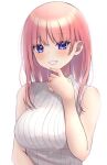  1girl :d absurdres bangs bare_arms bare_shoulders blush breasts earrings go-toubun_no_hanayome grin hand_on_own_chin highres jewelry kurosaki_coco large_breasts long_hair looking_at_viewer nakano_ichika parted_lips pink_hair purple_eyes simple_background sleeveless sleeveless_sweater smile solo stud_earrings sweater teeth upper_body upper_teeth white_background white_sweater 