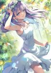  1girl :d bangs blue_eyes breasts dress hair_between_eyes head_wreath jewelry long_hair looking_at_viewer necklace open_mouth original purple_hair sleeveless sleeveless_dress small_breasts smile solo tomose_shunsaku white_dress 