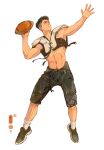  1boy abs absurdres american_football american_football_(object) ball bara black_footwear black_hair black_pants highres looking_up male_focus no_shirt original pants shoes short_hair shoulder_pads sneakers socks throwing toned toned_male white_socks yun_shen 