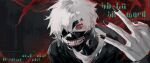  1boy black_nails collarbone colored_sclera colored_skin cracking_knuckles eyepatch eyes_visible_through_hair fingernails grey_hair grey_sclera grey_skin hair_between_eyes highres jiao_chang kagune_(tokyo_ghoul) kaneki_ken male_focus mask red_eyes scales solo tokyo_ghoul upper_body zipper_pull_tab 