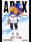  1girl apex_legends bangs blonde_hair blue_bodysuit blue_eyes blue_gloves blue_headwear bodysuit breasts cable copyright_name finger_to_mouth gloves highres hood hooded_jacket jacket knee_pads leaning_forward logo medium_breasts mika_(mikvoh) orange_jacket pillarboxed ribbed_bodysuit shoes shushing sneakers solo thigh_strap wattson_(apex_legends) white_background white_bodysuit 