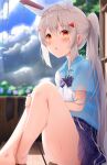  1girl absurdres alternate_costume ass ayanami_(azur_lane) azur_lane bangs barefoot blue_sky blurry bow bowtie cloud cloudy_sky collared_shirt commentary_request contemporary depth_of_field flower grey_hair hair_between_eyes hair_ornament hairclip headgear highres knees_to_chest knees_up long_hair looking_at_viewer orange_eyes parted_lips plaid plaid_skirt pleated_skirt retrofit_(azur_lane) school_uniform see-through shirt short_sleeves sidelocks sironora skirt sky solo twintails wet wet_clothes 