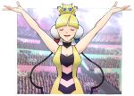  1girl arms_up bare_arms bare_shoulders blonde_hair blue_eyes breasts cable choker cleavage closed_eyes dress elesa_(pokemon) headphones joltik medium_breasts nark on_head outstretched_arms pokemon pokemon_(creature) pokemon_(game) pokemon_bw pokemon_on_head sleeveless sleeveless_dress smile stadium upper_body yellow_dress 