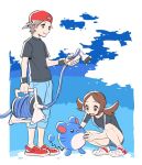  1boy 1girl alternate_costume backwards_hat blue_pants border brown_eyes clogs commentary_request eyelashes hat highres holding hose knees looking_down lyra_(pokemon) marill open_mouth pants pokemon pokemon_(creature) pokemon_(game) pokemon_frlg pokemon_hgss pumpkinpan red_(pokemon) red_footwear red_headwear shirt short_sleeves smile squatting standing t-shirt white_border wristband 