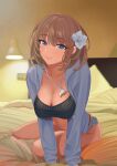  absurdres bed bikini blue_eyes braid breasts brown_hair charlotte_corday_(fate) cleavage collarbone curvy fate/grand_order fate_(series) flower hair_flower hair_ornament highres hood hoodie jacket large_breasts midriff quatthro short_hair side-tie_bikini smile solo swimsuit 