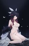  1girl babydoll bare_legs bare_shoulders black_background black_hair blush bow breasts bug butterfly choker cleavage closed_eyes coat columbina_(genshin_impact) eye_mask feint721 fur-trimmed_coat fur_trim genshin_impact gradient_hair hair_wings head_wings highres large_breasts lingerie long_hair multicolored_hair navel negligee off_shoulder open_mouth panties red_hair ripples see-through sitting sitting_on_water smile solo stomach streaked_hair string_panties thighs two-tone_hair underwear wariza water white_bow white_choker white_coat white_mask white_panties 