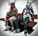  2022 angiewolf anthro bench bottomwear cervid clothing duo footwear gradient_background hoodie jacket looking_at_another male mammal pants plantigrade simple_background socks thermos topwear 