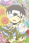  1boy bandaged_head bandages black_hair blue_shirt closed_eyes crying eyepatch facing_viewer flower happy_tears highres lily_of_the_valley miya_(baelfight) omori shirt short_hair smile solo spoilers sunflower sunny_(omori) tears twitter_username upper_body white_flower 