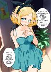  1girl bare_shoulders blonde_hair blue_dress blue_eyes blush breasts cleavage collarbone couple dress elf english_text hair_ribbon hairband hand_on_own_chest hetero highres link looking_at_viewer pointy_ears princess_zelda ribbon short_hair smile snegovski speech_bubble the_legend_of_zelda 