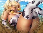  1girl :o animal_ears animal_print ass bell blonde_hair blush breasts chocolate_milk cleavage cow_ears cow_girl cow_horns cow_print cowbell crotch_seam dark-skinned_female dark_elven_forest_ranger dark_skin elbow_gloves elf gloves highres horns huge_breasts last_origin leaning_back legs_up looking_at_viewer nanami_neru open_mouth plump pointy_ears purple_eyes solo tan thick_thighs thighhighs thighs 
