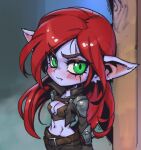  1girl alternate_ears alternate_form armor bangs belt blurry blurry_background blush breasts brown_belt brown_jacket brown_pants cleavage colored_skin cropped_jacket fang green_eyes jacket katarina_(league_of_legends) large_breasts league_of_legends long_hair long_sleeves looking_at_viewer navel open_clothes open_jacket pants phantom_ix_row pink_skin pointy_ears red_hair shiny shiny_hair shoulder_armor solo stomach yordle 