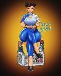  alcina_dimitrescu blue_pantyhose blue_shirt boku_no_hero_academia breasts brown_hair capcom chinese_clothes chun-li crossed_legs double_bun earrings eyeshadow felicia_(vampire) hair_bun hand_on_own_knee highres jewelry looking_at_viewer makeup medium_breasts mega_man_(character) mega_man_(classic) mega_man_(series) metroid metroid_(creature) mirko own_hands_together pantyhose red_eyeshadow resident_evil resident_evil_village rooroorogers shirt sitting smile street_fighter street_fighter_6 the_legend_of_zelda thick_thighs thighs triforce vampire_(game) wu-tang_clan 