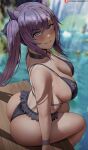  1girl arched_back ass bangs bikini black_bikini blurry blurry_background blush breasts choker commentary day eyelashes frilled_bikini frills from_above from_side genshin_impact grin hair_between_eyes hair_ribbon highres keqing_(genshin_impact) large_breasts long_hair looking_at_viewer looking_up outdoors parted_lips patreon_logo patreon_username purple_eyes purple_hair ribbon shexyo sitting smile soaking_feet solo strap_gap sunlight swimsuit thighs twisted_torso v-shaped_eyebrows water web_address 