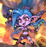  1girl :d alternate_ears alternate_form bangs bare_shoulders belt black_gloves blitzcrank blue_hair braid brown_belt brown_footwear colored_skin explosion fang fingerless_gloves gloves gun holding holding_gun holding_weapon jinx_(league_of_legends) league_of_legends long_hair navel open_mouth phantom_ix_row pink_eyes pink_thighhighs pointy_ears purple_skin revision rocket_launcher shiny shiny_hair shoes single_thighhigh smile solo standing stomach thighhighs twin_braids twintails weapon yordle 