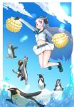  1girl adapted_costume bird black_footwear cheerleader commentary_request crop_top electric_guitar food forehead giant_penguin_(kemono_friends) grey_hair grey_shirt guitar headphones highres iceberg instrument japari_bun kemono_friends long_hair long_sleeves midair midriff multicolored_hair navel obsession36 penguin pleated_skirt pom_pom_(cheerleading) red_eyes shirt shoes skirt sneakers socks solo white_shirt white_skirt white_socks 