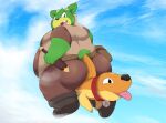  2022 anthro belly big_belly big_butt biped black_nose bottomwear brown_body butt canid canine clothing cloud duo green_body hi_res kemono kusosensei male mammal noop obese obese_male overweight overweight_male pants rufus_(the_dreamstone) the_dreamstone tongue tongue_out weapon 