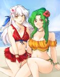  2girls :d absurdres bangs bare_shoulders beach bikini bikini_skirt blue_sky blush breasts brown_eyes cleavage collarbone elincia_ridell_crimea fingerless_gloves fire_emblem fire_emblem:_radiant_dawn fire_emblem_heroes flower gloves green_hair grey_hair hair_flower hair_ornament hair_ribbon hibiscus highres large_breasts long_hair looking_at_viewer medium_breasts micaiah_(fire_emblem) miniskirt multiple_girls navel ocean off-shoulder_bikini off_shoulder official_alternate_costume open_mouth orange_bikini orange_swimsuit red_bikini red_gloves red_swimsuit ribbon sand side-tie_bikini sitting skirt sky smile swimsuit tridisart wristband yellow_eyes 