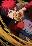  1boy abanovo aqua_eyes armor black_background chromatic_aberration closed_mouth facial_mark film_grain floating gaara_(naruto) gourd hair_between_eyes highres male_focus naruto_(series) naruto_shippuuden red_hair sand simple_background solo spiked_hair spikes 