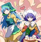  ! 2girls apron arm_ribbon back_bow bangs blue_dress blue_hair blue_ribbon blue_sky bow breasts brown_background buttons cake cloak closed_mouth cloud cloud_print cloudy_sky cook cooking cream dress english_commentary eyes_visible_through_hair food food_on_face frills green_apron green_dress green_headwear green_scarf grey_bow hair_between_eyes hand_up haniyasushin_keiki head_scarf heart highres jewelry long_hair long_sleeves looking_at_another looking_at_viewer looking_down magatama magatama_necklace medium_breasts multicolored_background multicolored_clothes multicolored_dress multiple_girls necklace open_mouth orange_dress pink_background pink_eyes pocket pointing puffy_long_sleeves puffy_short_sleeves puffy_sleeves purple_dress purple_eyes purple_hair red_dress red_eyes ribbon scarf short_hair short_sleeves sitting sky sky_print smile standing sweat sweatdrop tenkyuu_chimata tongue tongue_out touhou white_apron white_cloak white_headwear white_scarf xiebaowang yellow_background yellow_dress 