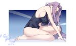  1girl barefoot breasts fate/grand_order fate_(series) forehead glowing glowing_eyes highres koimizu large_breasts long_hair medusa_(fate) medusa_(rider)_(fate) one-piece_swimsuit one_eye_covered purple_hair red_eyes square_pupils swimsuit very_long_hair 