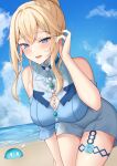  1girl :d bare_shoulders beach beads blonde_hair blue_eyes blue_flower blue_shirt blue_sky blush breasts cleavage cloud cloudy_sky cowboy_shot day flower genshin_impact hair_tucking highres jean_(genshin_impact) large_breasts leaning_forward looking_at_viewer mikoto_paint ocean open_mouth outdoors sand shirt short_sleeves sidelocks skirt sky slime_(genshin_impact) smile solo standing thighlet thighs turtleneck 