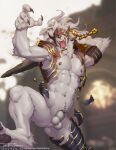  abs animal_genitalia anthro balls bonfiredemon broken_armor canid canine canis claws elden_ring fangs fromsoftware fully_sheathed genitals hi_res male maliketh_(elden_ring) mammal melee_weapon mostly_nude muscular muscular_male nipples open_mouth pecs sheath solo sword video_games weapon wolf 