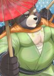  2022 anthro asian_clothing belly big_belly brown_body canid canine clothing east_asian_clothing gyobu hi_res humanoid_hands japanese_clothing kemono leaf lifewonders male mammal nazebesu_hobby one_eye_closed overweight overweight_male parasol raccoon_dog scar solo tanuki tokyo_afterschool_summoners video_games wink 