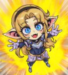  1girl :d alternate_ears alternate_form armor arms_up bangs black_bodysuit black_hairband blonde_hair blue_eyes blush bodysuit covered_navel fangs from_above full_body gloves hairband happy korean_commentary league_of_legends long_hair lux_(league_of_legends) open_mouth parted_bangs phantom_ix_row shiny shiny_hair shoulder_armor skirt smile solo yellow_background yordle 