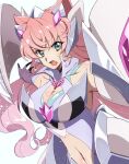  1girl blue_eyes breasts cleavage cleavage_cutout clothing_cutout collarbone elbow_gloves gloves hair_ears highres kanaden large_breasts leotard maria_cadenzavna_eve navel open_mouth pink_hair purple_gloves senki_zesshou_symphogear solo stomach_cutout v-shaped_eyebrows white_background 