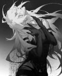  1girl bare_shoulders elbow_gloves eyes_visible_through_hair gloves gradient gradient_background greyscale highres jiao_chang long_hair looking_at_viewer monochrome nier_(series) nier_automata parted_lips single_bare_shoulder solo yorha_type_a_no._2 