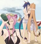  3girls animal_ears arknights arm_around_shoulder beach beach_umbrella bikini bikini_under_clothes black_bikini black_collar black_swimsuit blue_sky boat bottle casual_one-piece_swimsuit ch&#039;en_(arknights) ch&#039;en_the_holungday_(arknights) closed_eyes collar commentary day dragon_girl dragon_horns dragon_tail drinking earrings english_commentary eyewear_on_head eyuffjaff fire folded_ponytail fur-tipped_tail hand_in_another&#039;s_hair hexagonal_eyewear holding holding_bottle horns jewelry kiss lin_yuhsia_(arknights) long_hair mouse_ears mouse_girl multiple_girls navel official_alternate_costume one-piece_swimsuit orange_hair outdoors pink_hair sand shorts sidelocks sky smoke stomach sunglasses swimsuit swire_(arknights) tail tail_ornament tail_ring tiger_ears tiger_girl tiger_tail umbrella very_long_hair water watercraft white_shorts yuri 