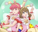  2girls alternate_costume animal_ears bangs brown_hair choker dress easter_egg egg fake_animal_ears grey_eyes highres looking_at_viewer may_(pokemon) multiple_girls official_alternate_costume open_mouth pantyhose pink_choker pink_dress pink_eyes pink_hair pokemon pokemon_(game) pokemon_masters_ex rabbit_ears sakuds whitney_(pokemon) wrist_cuffs 