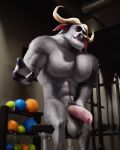  anthro balls big_balls big_muscles big_penis bodily_fluids body_hair bovid bovine cattle chest_hair chief_bogo detailed disney emit foreskin fur genital_fluids genitals hairy hi_res inviting male mammal mature_male muscular muscular_male penis precum pubes saggy_balls smile solo zootopia 