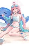  1girl :d ahoge bangs bikini blue_archive blue_eyes buoy eyewear_on_head fang frilled_bikini frills green_jacket hair_bobbles hair_ornament heterochromia highres hoshino_(blue_archive) jacket long_hair looking_at_viewer makihitsuji navel open_clothes open_jacket open_mouth pink_hair sitting skin_fang smile solo swimsuit twintails whale white_background white_bikini white_footwear yellow_eyes 