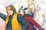  3boys ;d america_(hetalia) arm_up axis_powers_hetalia bear_hat black_hair blonde_hair blue_eyes brown_eyes character_name china_(hetalia) closed_eyes coat copyright_name hand_on_another&#039;s_shoulder hood hoodie littleb623 male_focus multiple_boys one_eye_closed open_mouth panda_hat ponytail red_coat russia_(hetalia) scarf sleeveless_coat smile surprised sweatdrop white_coat yellow_coat 