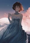  1girl ^_^ bangs bare_arms bare_shoulders blue_sky breasts brown_hair cleavage closed_eyes cloud commentary dress english_commentary facing_viewer hair_between_eyes hand_up highres medium_breasts original sky sleeveless sleeveless_dress smile solo star_(sky) starry_sky sunset triangular1116 water white_dress 