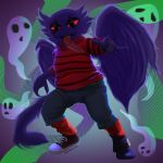  absurd_res anthro bottomwear chubby_male clothed clothing coffeewithdicks footwear fur gesture ghost hair hi_res humanoid imp legwear long_tongue looking_at_viewer makeup male messy_hair open_mouth pointing pointing_at_viewer purple_body purple_fur red_eyes shorts simple_background slightly_chubby socks solo spirit sweater tail_tuft tongue tongue_out topwear tuft wings 