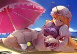  1girl beach blonde_hair breasts chew_zhihao_1 cup dress drinking_glass food fruit hat hat_ribbon leaf lime_(fruit) lime_slice long_hair long_sleeves lying medium_breasts mob_cap ocean ribbon sky touhou umbrella white_dress white_headwear wine_glass yakumo_yukari 