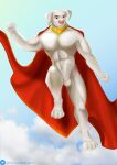  absurd_res anthro balls canid canine canis cape clothing collar dc_comics digital_media_(artwork) domestic_dog erection fur genitals hi_res humanoid_genitalia humanoid_penis krypto krypto_the_superdog male mammal muscular muscular_male nude pecs penis simple_background solo vossjaeger 