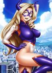  1girl arm_up bangs blonde_hair boku_no_hero_academia breasts city from_behind hand_on_hip highleg highleg_leotard highres horns large_breasts leg_up leotard long_hair mask mount_lady open_mouth purple_eyes ribs smile teeth tenzen_(netspike) thighhighs tongue very_long_hair 