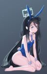  1girl animal_ears arisu_(blue_archive) bangs bare_legs bare_shoulders barefoot black_hair blue_archive blue_eyes blue_hairband blue_leotard blue_necktie breasts closed_mouth collar commentary_request detached_collar fake_animal_ears full_body grey_background hair_between_eyes hairband halo highres korean_commentary leotard long_hair looking_at_viewer narabi necktie one_side_up playboy_bunny rabbit_ears rabbit_tail short_necktie sitting small_breasts solo strapless strapless_leotard tail twitter_username very_long_hair wariza white_collar wing_collar wrist_cuffs 