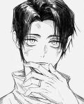  1boy black_hair forehead jewelry jujutsu_kaisen male_focus monochrome okkotsu_yuuta portrait ring rirnrrirrrng simple_background solo wedding_band white_background 