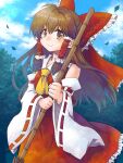  1girl ascot bangs blue_sky bow broom brown_eyes brown_hair closed_mouth cloud detached_sleeves hair_bow hair_tubes hakurei_reimu highres holding holding_broom leaf long_hair looking_at_viewer mimi_(ikrptppt) outdoors red_bow red_shirt red_skirt ribbon-trimmed_sleeves ribbon_trim shirt sidelocks skirt sky smile solo touhou wide_sleeves yellow_ascot 