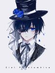  1boy bishounen blue_eyes bow bowtie ciel_phantomhive collared_shirt eyepatch formal frilled_skirt frills hair_over_one_eye hat highres jewelry kuroshitsuji looking_at_viewer male_child male_focus muhuasanyang otoko_no_ko shirt short_hair skirt solo top_hat upper_body victorian 